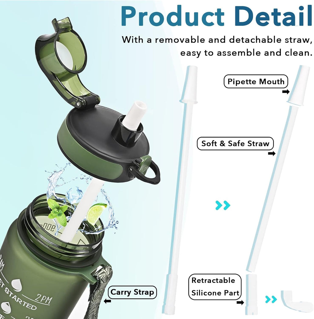 Enerbone Water Bottle, Leakproof BPA & Toxic Free, Motivational Water Bottle with Times to Drink and Straw, Fitness Sports Water Bottle with Strap for Office, Gym, Outdoor Sports