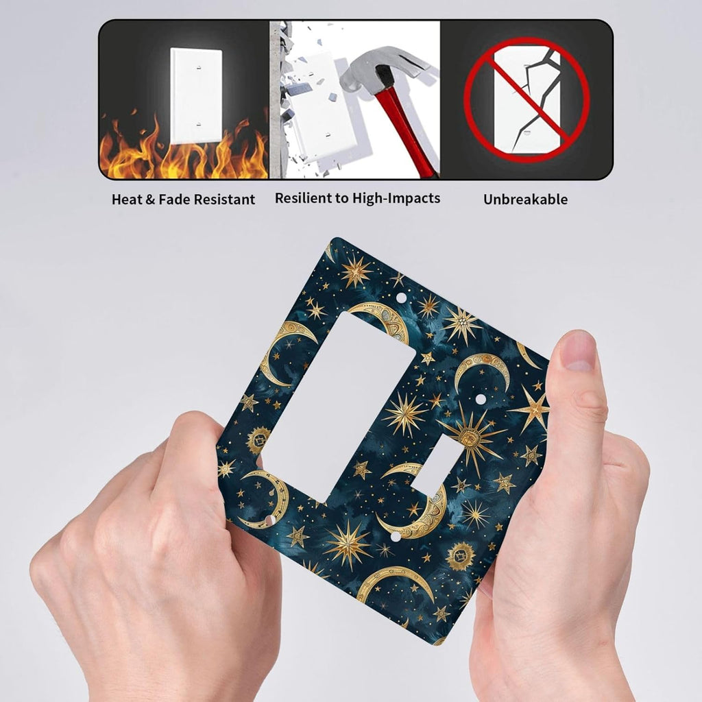 Outlet Covers Modern Abstract Sky Blue Gold Moon Sun Star 1 Toggle 1 Rocker Combination Decorative Wall Plate Electrical Switch Plates Light Switch Cover Plate for Bedroom Kids room Decor