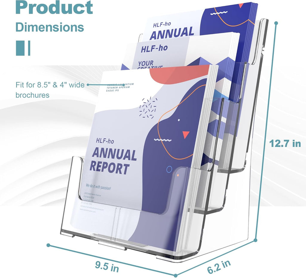 Brochure Holder 8.5x11 Inch 3 Tier with Removable Divider for 4x9 inch Clear Acrylic Pamphlet Display Stand Holder Countertop Use or Wall Mount for Office, Lobby, Hotel, Trade Show, 1 Pack