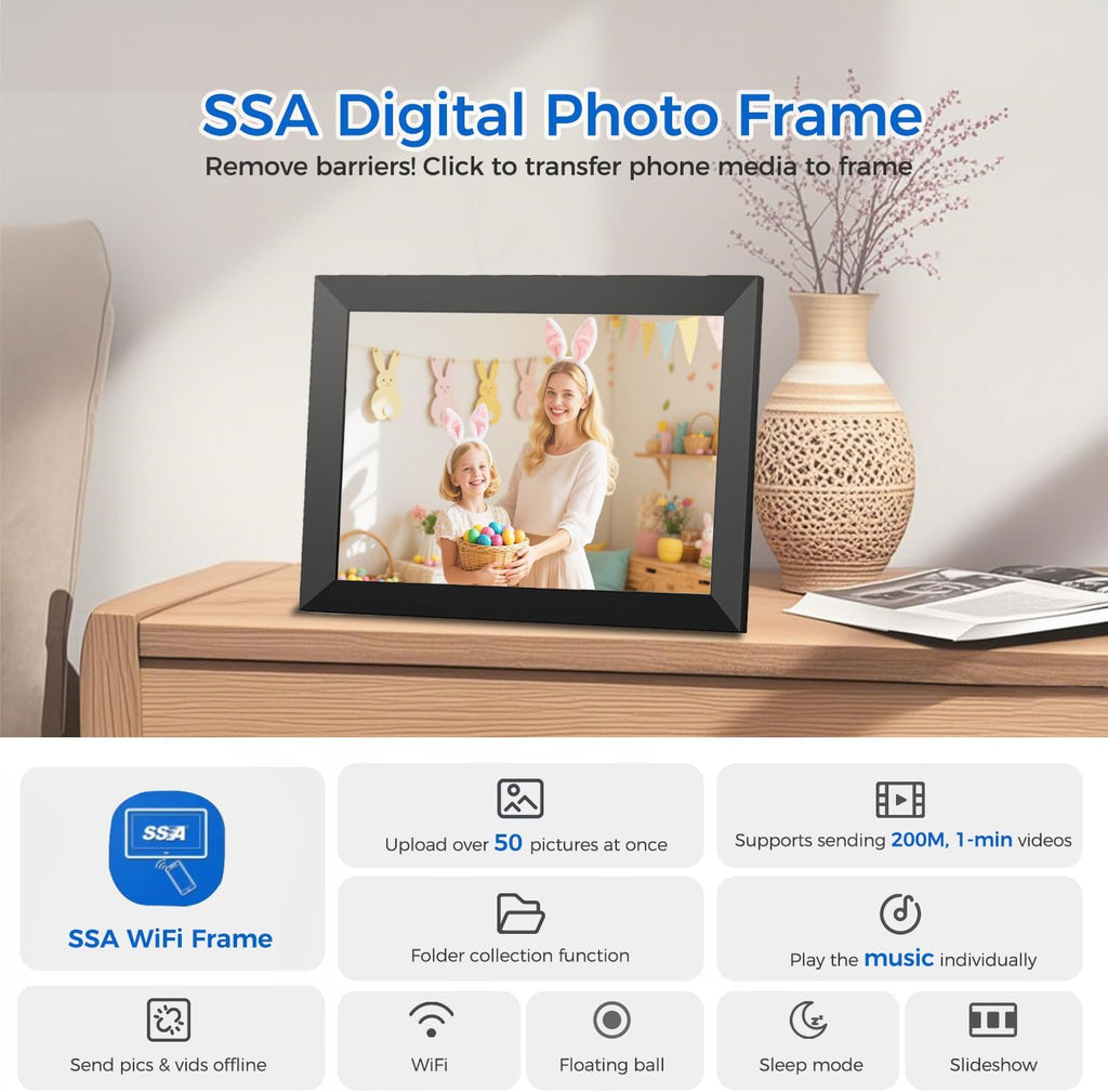 SSAWIFIFRAME Digital Photo Frame 10.1 inch WiFi Digital Picture Frame IPS Touch Screen 32GB Storage Auto-Rotate Easy Setup to Share Photos & Videos via SSA WiFi Frame App from Anywhere