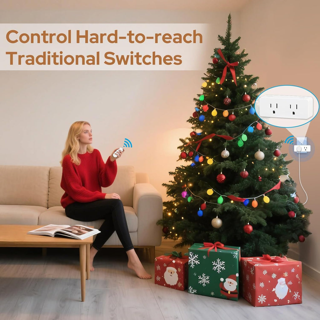 Remote Control Outlet with 2 Independent Sockets & Wireless Light Switch, for Home Appliances (Lamps, Holiday Lights, Fan), Wall Holder & Battery Included, 100FT Range, 15A/1800W