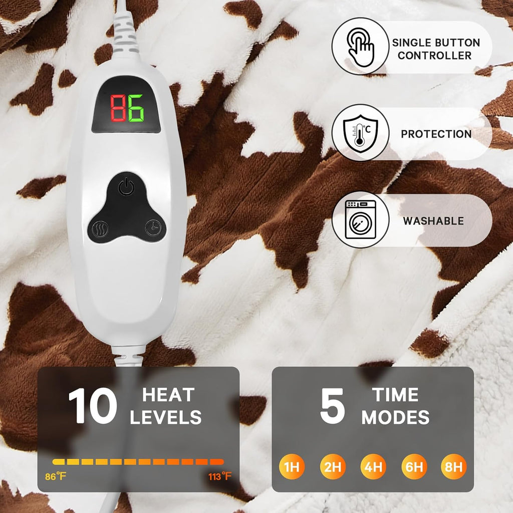 Cow Print Heated Electric Blanket Full Size,72X84 Brown Heating Blanket with 10 Heats Levels & 8 Hours Auto Off,Highland Cow Decor Fleece Sherpa Blankets Warmer Gifts for Women Adults,Washable