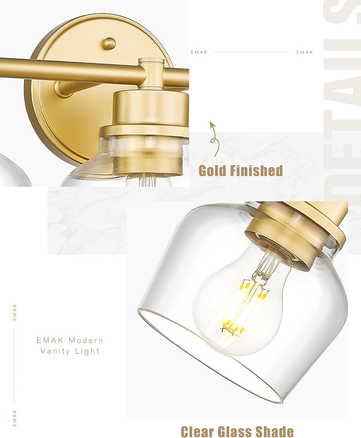 Emak Modern Gold Vanity Lights, Bathroom Lighting Fixtures Over Mirror with Clear Glass Shade, 3-Light Vanity Light for Bathroom, Mirror, Makeup Desk, VL122-GD-CG-3