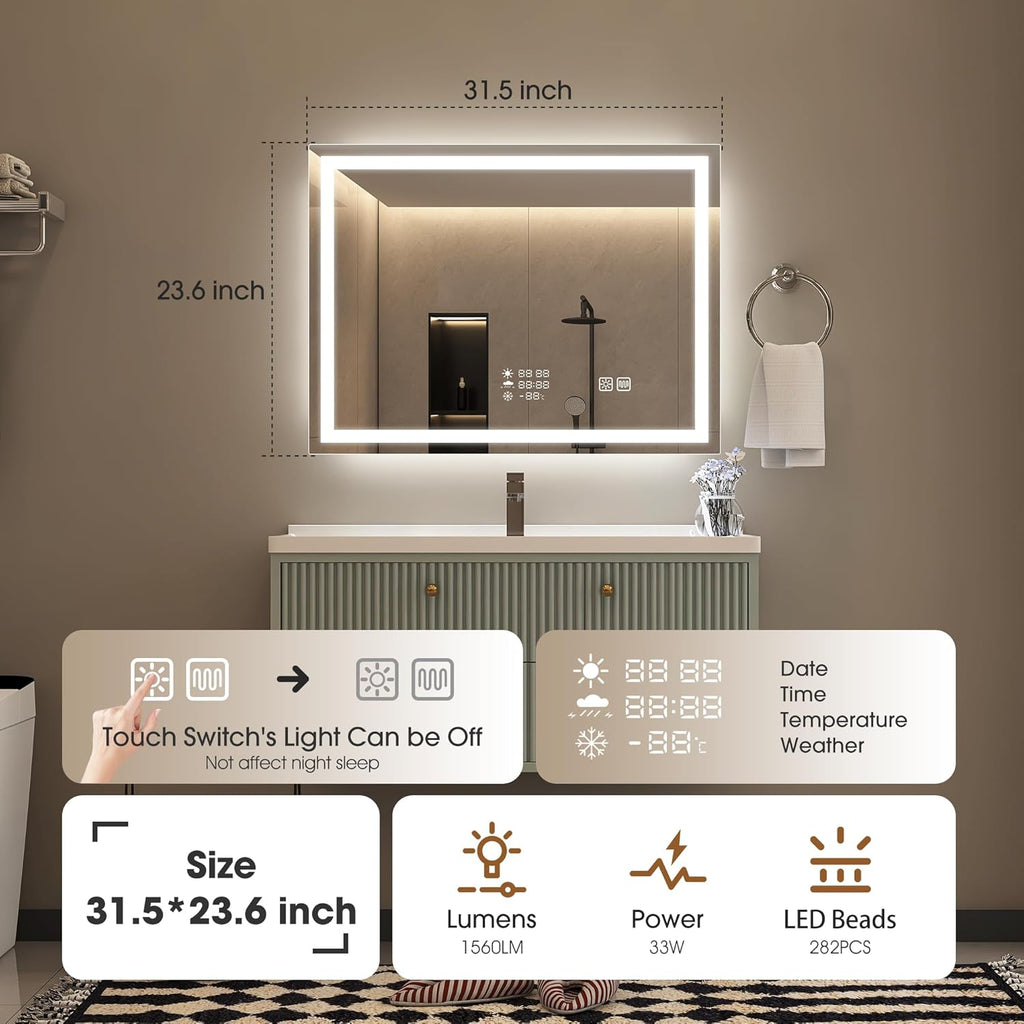 STARLEAD 24"x32" LED-Bathroom-Mirror-with-Lights, Wall-Mounted with Clock, Anti-Fog, 3 Color Temperature, Dimmable Brightness, Waterproof, Tempered Glass, Frontlit & Backlit