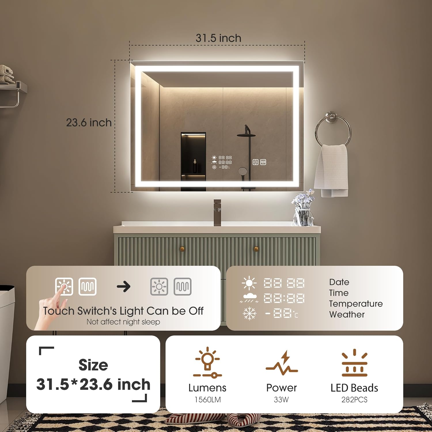 STARLEAD 24"x32" LED-Bathroom-Mirror-with-Lights, Wall-Mounted with Clock, Anti-Fog, 3 Color Temperature, Dimmable Brightness, Waterproof, Tempered Glass, Frontlit & Backlit
