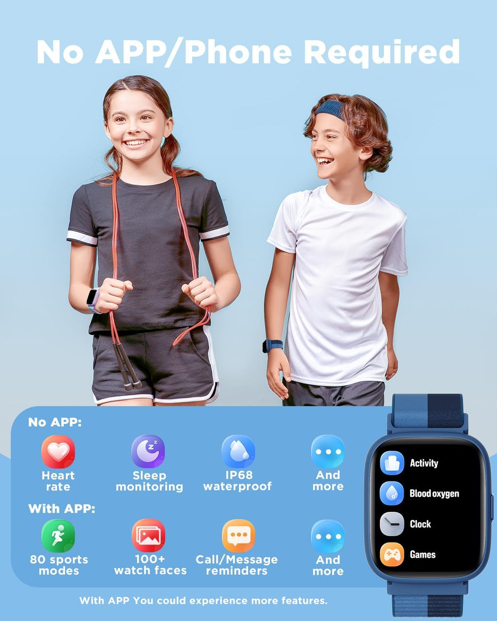 BIGGERFIVE Smart Watch for Kids, 1.8" Fitness Tracker Watch Pedometer, Heart Rate, IP68 Waterproof, Sleep Monitor, Calorie Step Counter, Puzzle Game with/Without APP for Girls Boys Teens 5-16, Nylon