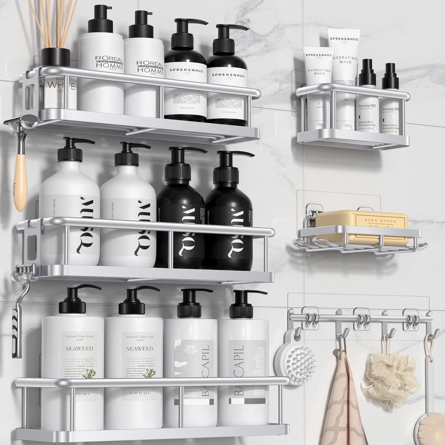 YASONIC Shower Caddy, 6 Pack Large Capacity Bath Organizer with Soap Holder and 12 Hooks, Rustproof Bathroom Shelves for Inside Shower, No Drilling&Sleek Bathroom Organizers and Storage Silver
