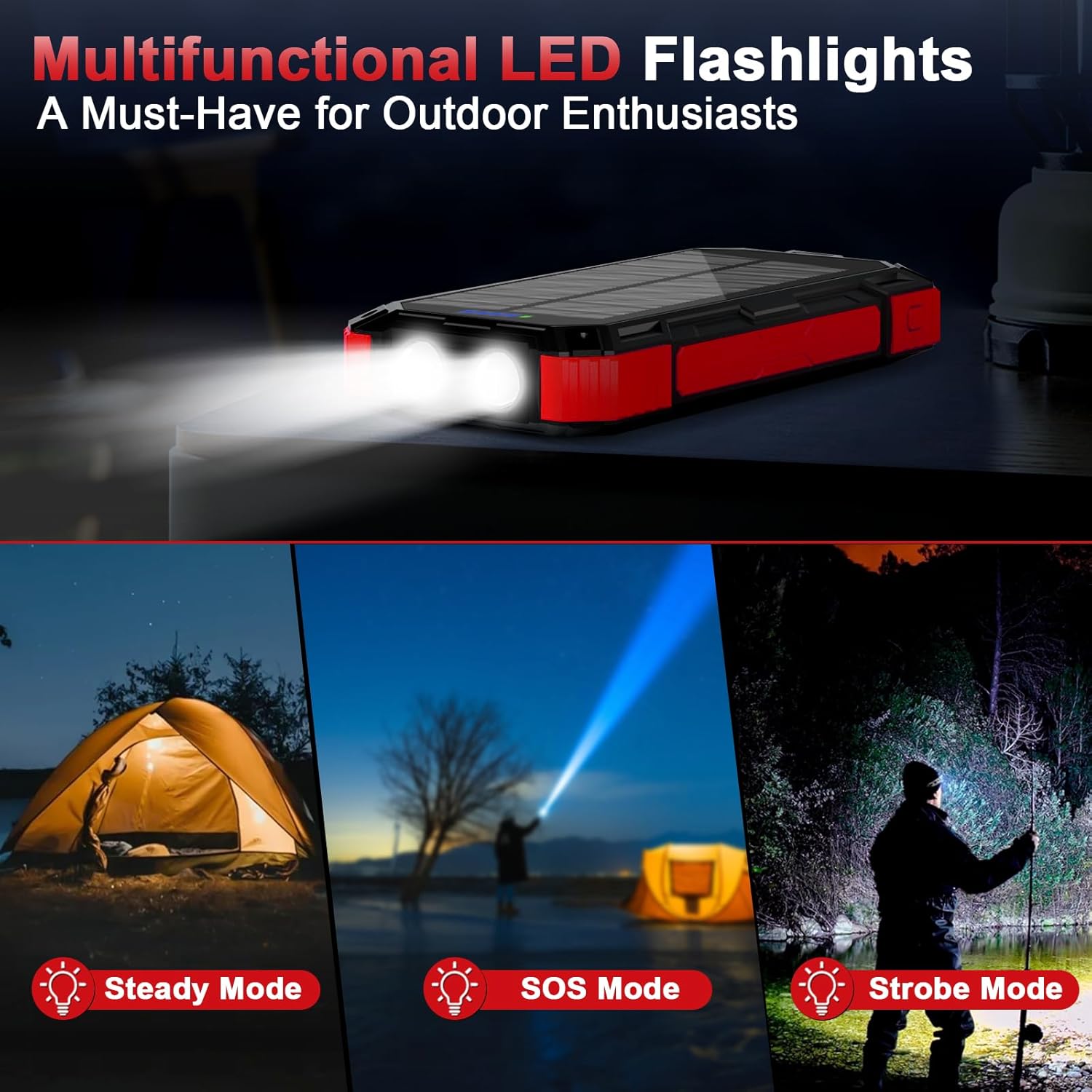 WONGKUO Solar Charger Power Bank - 49800mAh Solar Phone Charger with USB-C in/Output, QC 3.0 Fast Charging with LED Flashlight, Built-in 4 Cables, IP65 Waterproof Fits for Outdoor (Brilliant Red)