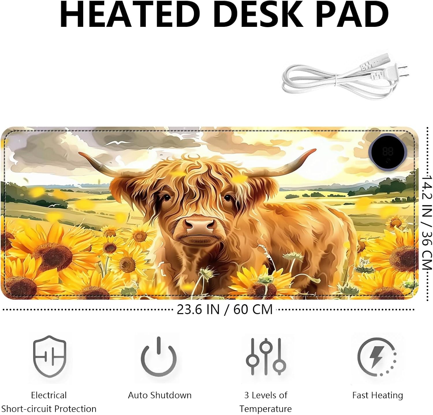 Heated Mouse Pad with 3 Levels Heated & 3 Hours Auto Shut-Off Mouse Pad for Warming Hands in Office Home, 23.6" x 14.2"Large Safe Desk Mat Hand Warmer，Sunflower Highland Cow