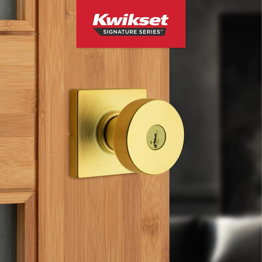 Kwikset Pismo Entry Door Knob with Lock and Key, Secure Keyed Handle Exterior, Front Entrance and Bedroom, Satin Brass, 10 Pack, Pick Resistant SmartKey Rekey Security