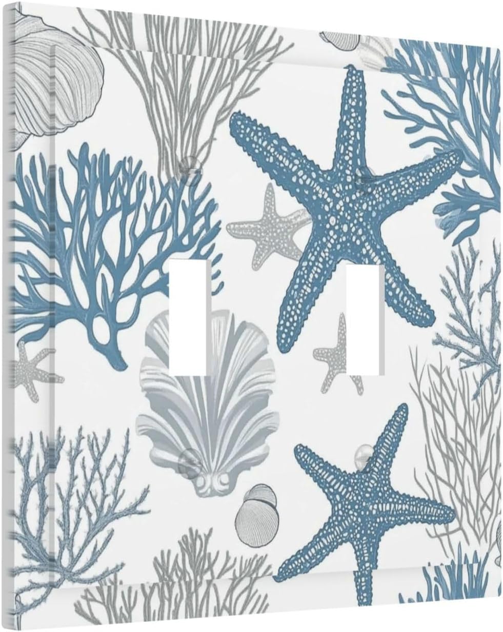 Blue Starfish Nautical Beach Conch Coastal Coral Shell Decorative Switch Plates 2 Gang Double Toggle Outlet Light Switch Cover Wall Plate Electrical Faceplate For Kids Room Bathroom Decor