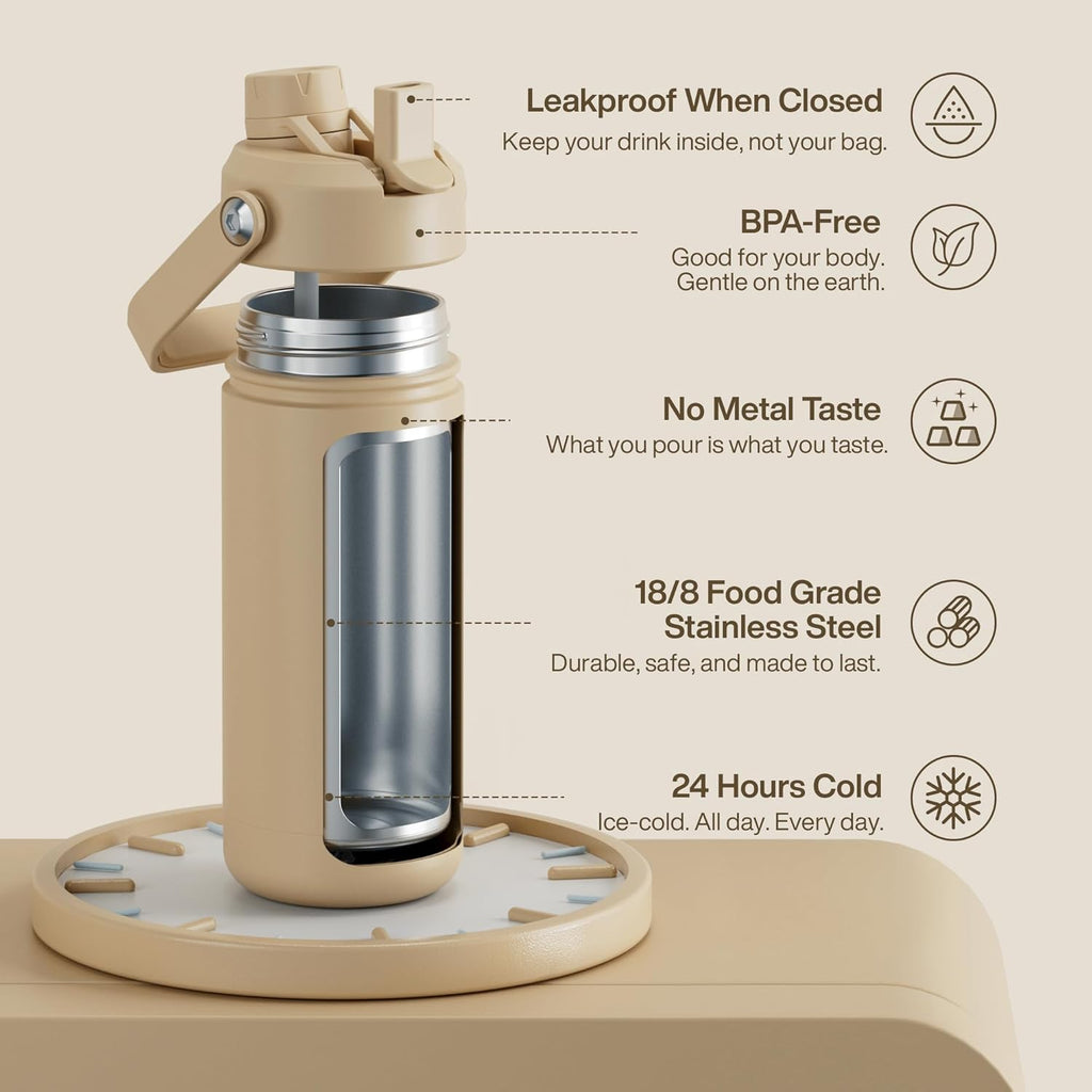 ENCOOL Insulated Water Bottle with Straw Stainless Steel Water Bottle, Leak-Proof, BPA-Free, Double Wall Vacuum Keeps Cold for 24 Hours for Sports, Travel, School (18 oz, Indian Khaki)