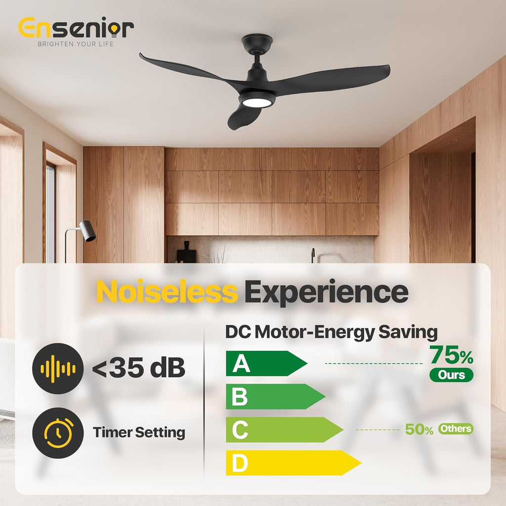 Ensenior 52 Inch Smart Ceiling Fans with Lights and Remote, Control via Alexa Google Voice App, 6 Speeds Reversible DC Motor 3000K-6000K, Dimmable LED, Black Bedroom Ceiling Fan with Lights - 3 Blades