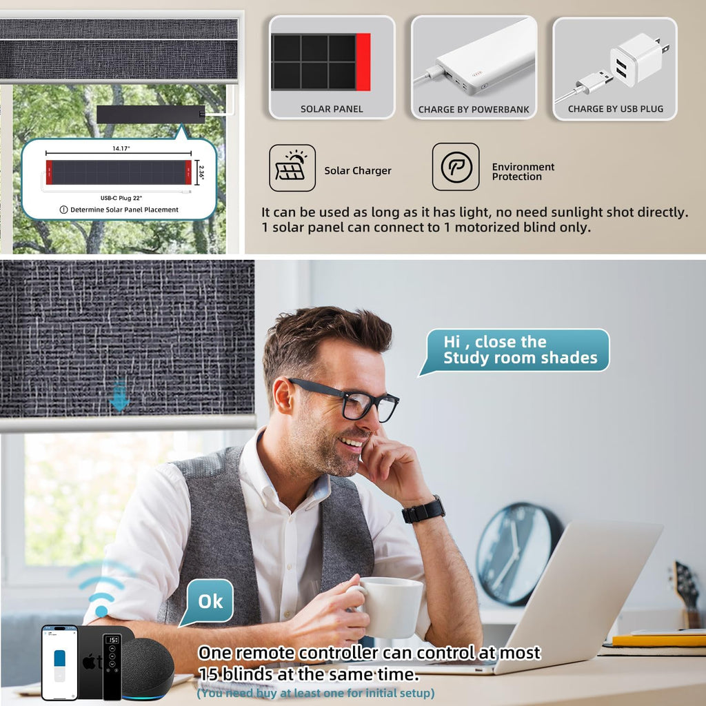 SmartWings Motorized Light Filtering Roller Shades 70% Blackout Custom Size, Rechargeable Battery, Works with Matter/Apple HomeKit, Alexa, Thread/Zigbee, Remote Optional, 70% Twilight Charcoal Grey