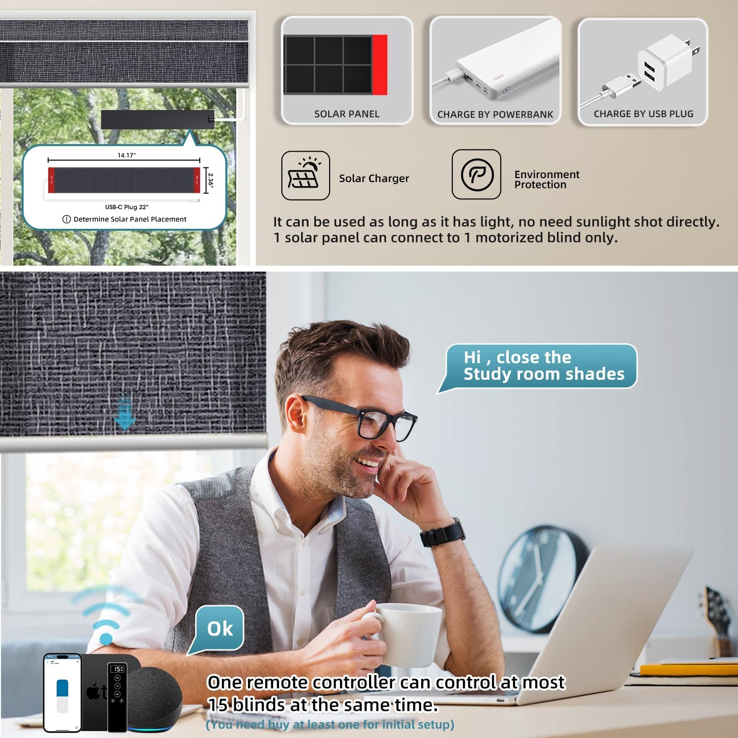 SmartWings Motorized Light Filtering Roller Shades 70% Blackout Custom Size, Rechargeable Battery, Works with Matter/Apple HomeKit, Alexa, Thread/Zigbee, Remote Optional, 70% Twilight Charcoal Grey