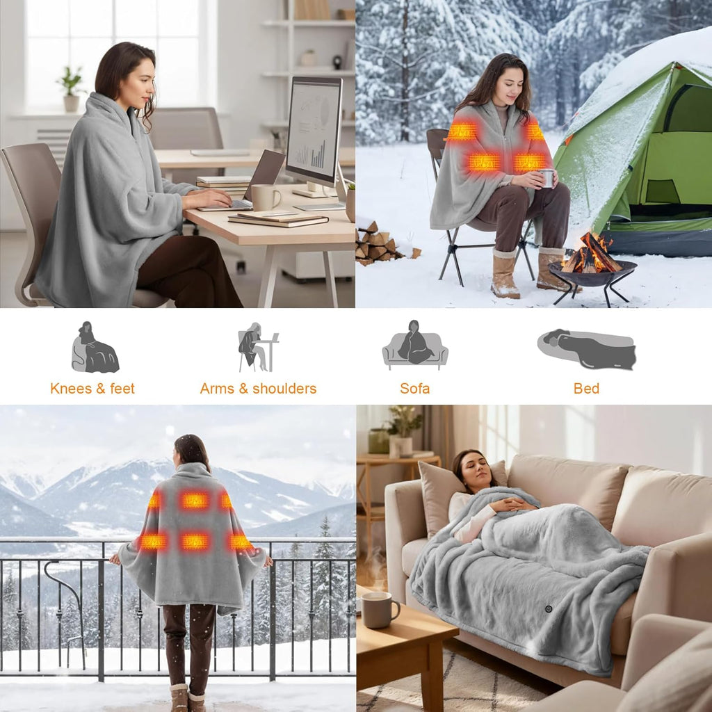 Cordless Heated Blanket Battery Operated with Fleece Lining 7.4V 16000mAh Battery Portable Wearable Heated Shawl for Women Men 6 Heating Zones 3 Fast-Heating Levels (Battery Included)