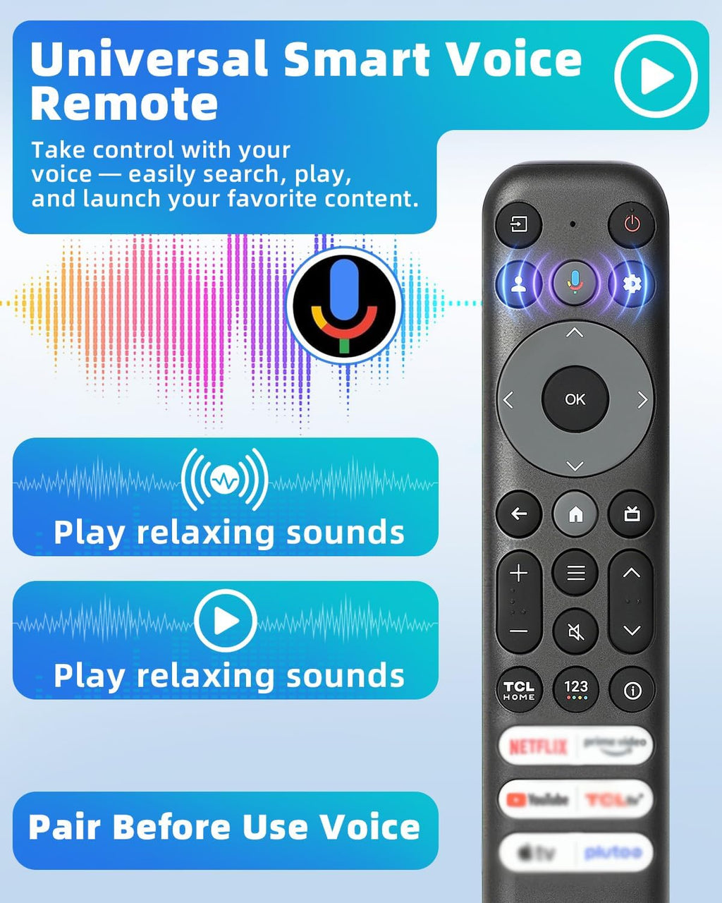 Voice Remote Replacement Compatible with TCL Google TV Remote, for QM8 QM7 Q7 Q6 Q5 S5 S4 S3 Series 4K UHD HDR LED QLED QD-Mini LED Full-HD Smart TVs (Not Applicable to Roku TVs)