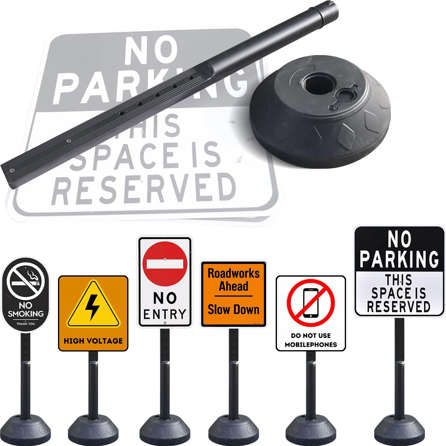 6 Pack Durable Sign Post and Water-Filled Base Set Kit - 13" DIA Stand with 41" Post - Bolts & Nuts for Hanging Signs, Portable Warning Sign Holder for Public Parking / Commercial / Recreational Use