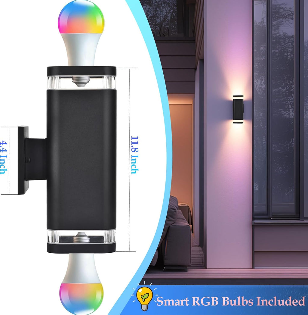 Smart RGB Outdoor Wall Lights, 2 Pack Color Changing Porch Lights, Cylinder Up and Down Lights Outdoor Wall Sconce, Exterior Lighting Fixture Compatible with Smart Life & Tuya Smart