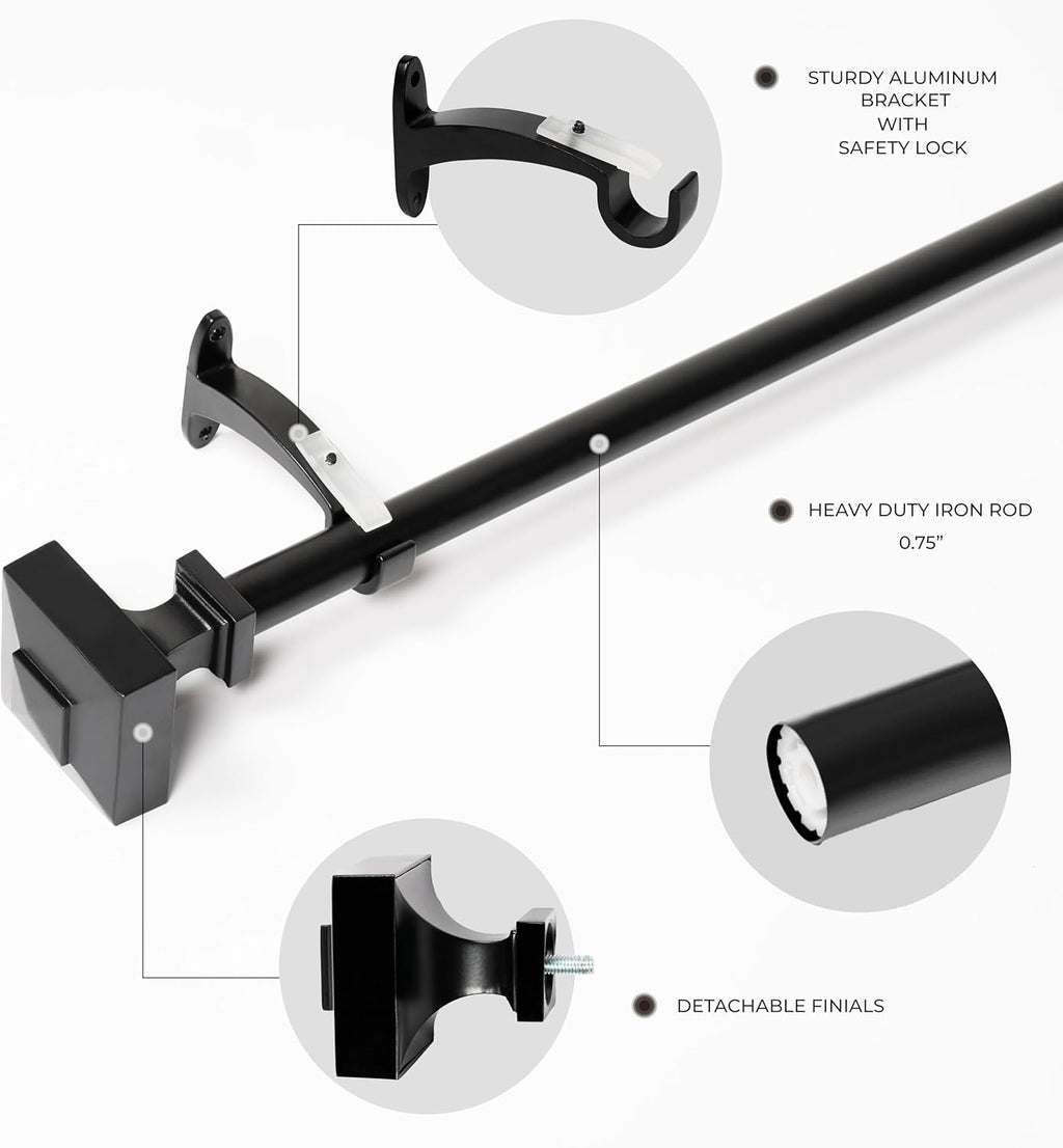 Deco Window Adjustable Curtain Rod for Windows 18 to 44 Inch Extendable Heavy Duty 3/4 Inch Iron Drapery Pole with Square Finials Wall Mounted French Door Curtain Rods (Pack of 1, Black)