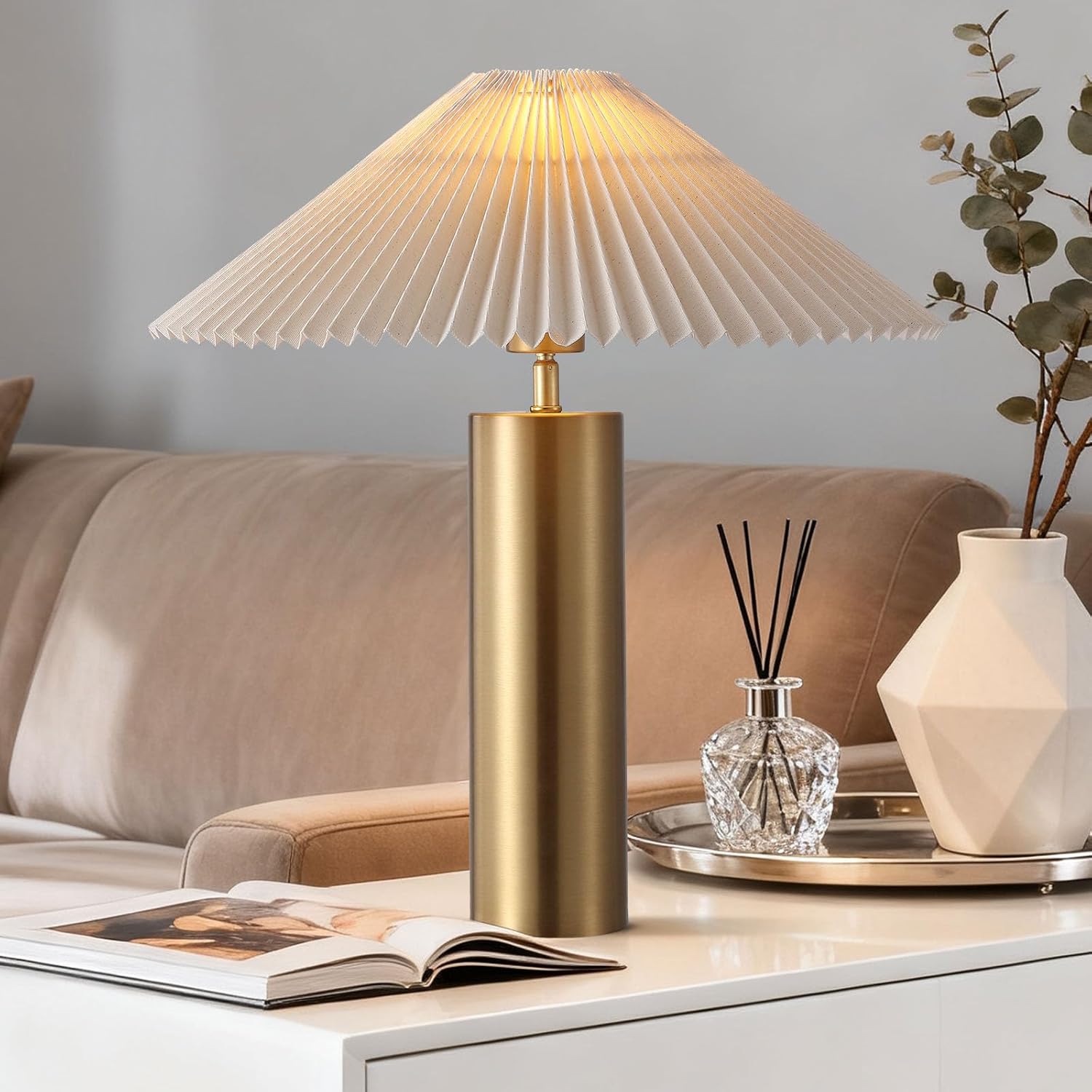 Modern Table Lamp with Metal Blade Lampshade and Cylindrical Base, E26 Bulb Compatible, Contemporary Accent Light for Living Room, Bedroom, Office (Gold)