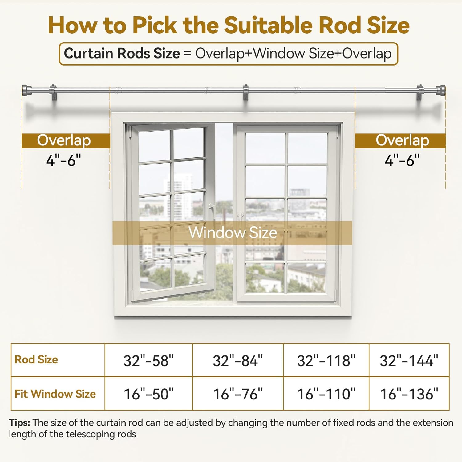 Curtain Rod 2 Pack 32-118 Inch, Heavy Duty 1 Inch Curtain Rod, Sliver Long Adjustable Window Treatment Rods,Modern Design, Easy Installation