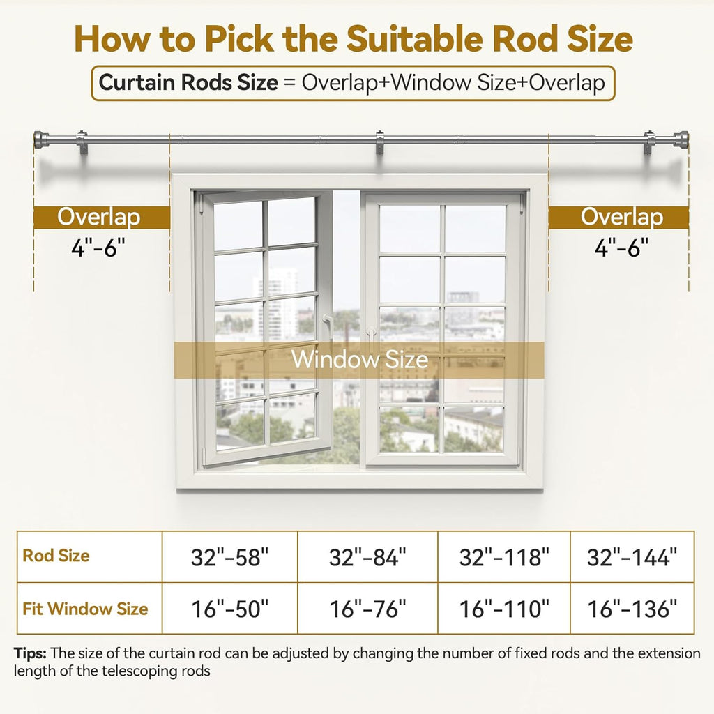 Curtain Rod 2 Pack 32-84 Inch, Heavy Duty 1 Inch Curtain Rod, Sliver Long Adjustable Window Treatment Rods, Modern Design, Easy Installation