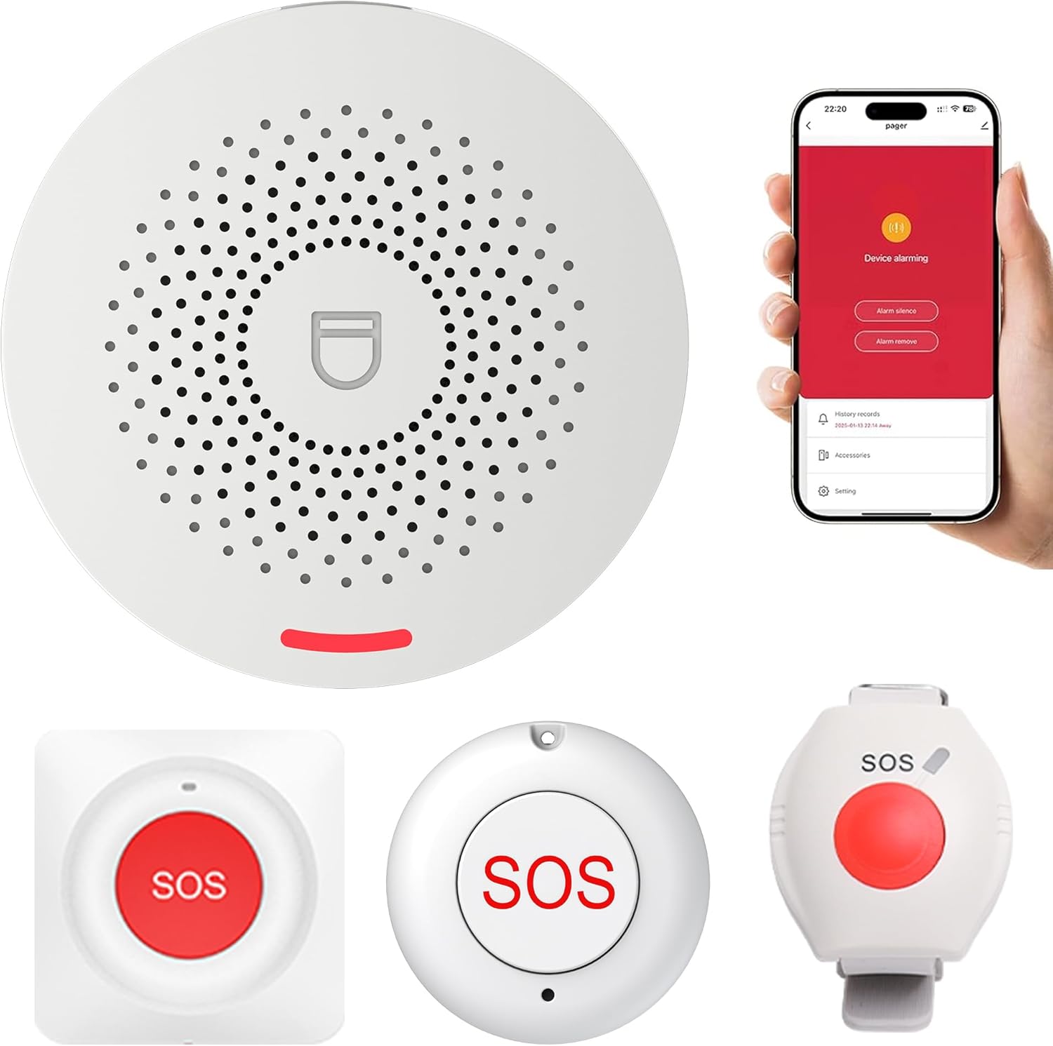 XUK WiFi SOS Caregiver Pager Call Button for Elderly, No Monthly Fee 2.4GHz Wi-Fi APP Control Wireless Nursing Call System with 1 SOS Call Panic Buttons & 1 Watch Pagers & 1 Square Pull Cord Pagers