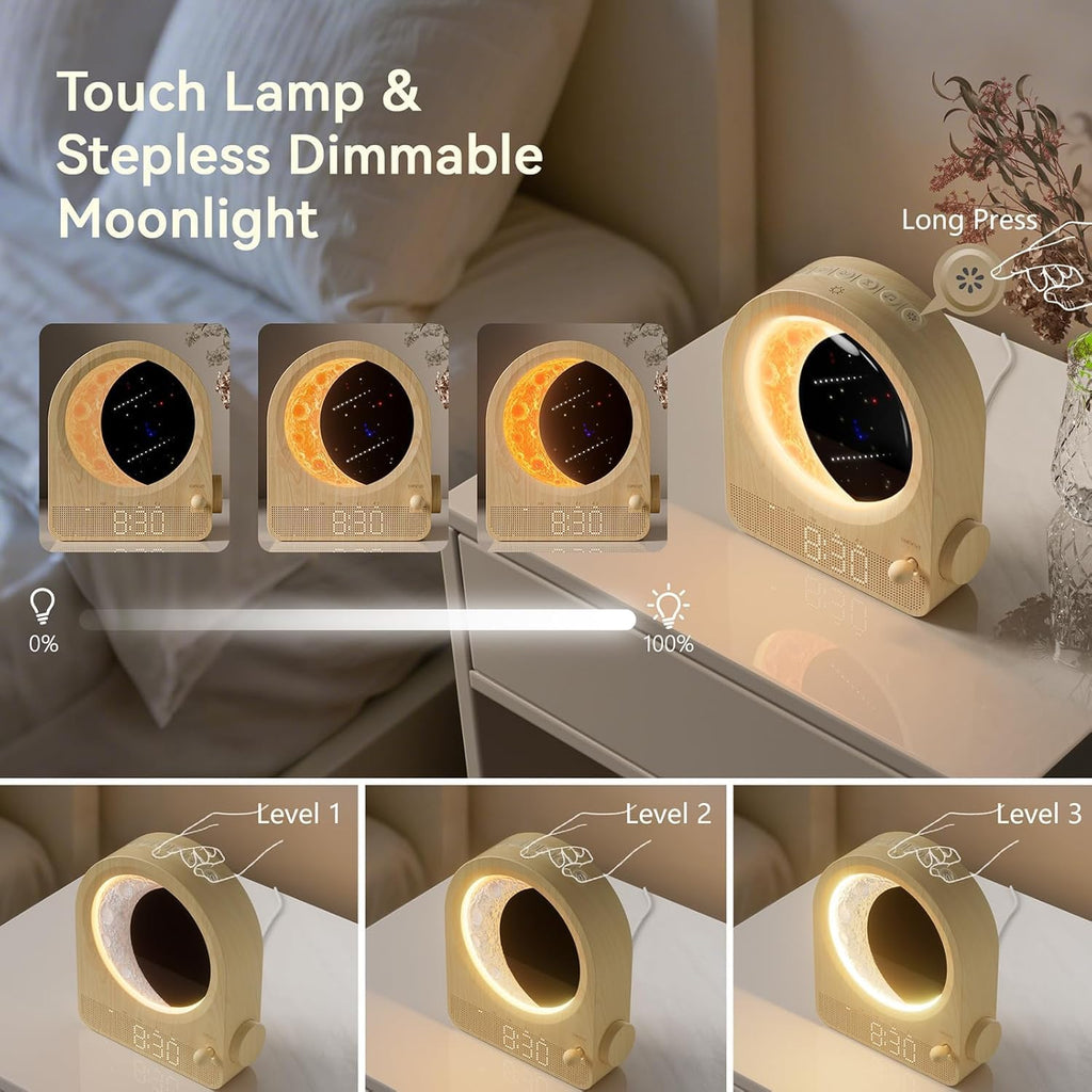 Sunrise Alarm Clocks for Bedrooms, Stepless Dimmable Moon Lamp Dual Alarm Clock Wake Up Light with 12Levels Volume for Heavy Sleepers, 10 Natural Sounds with Timer, Gifts for Women