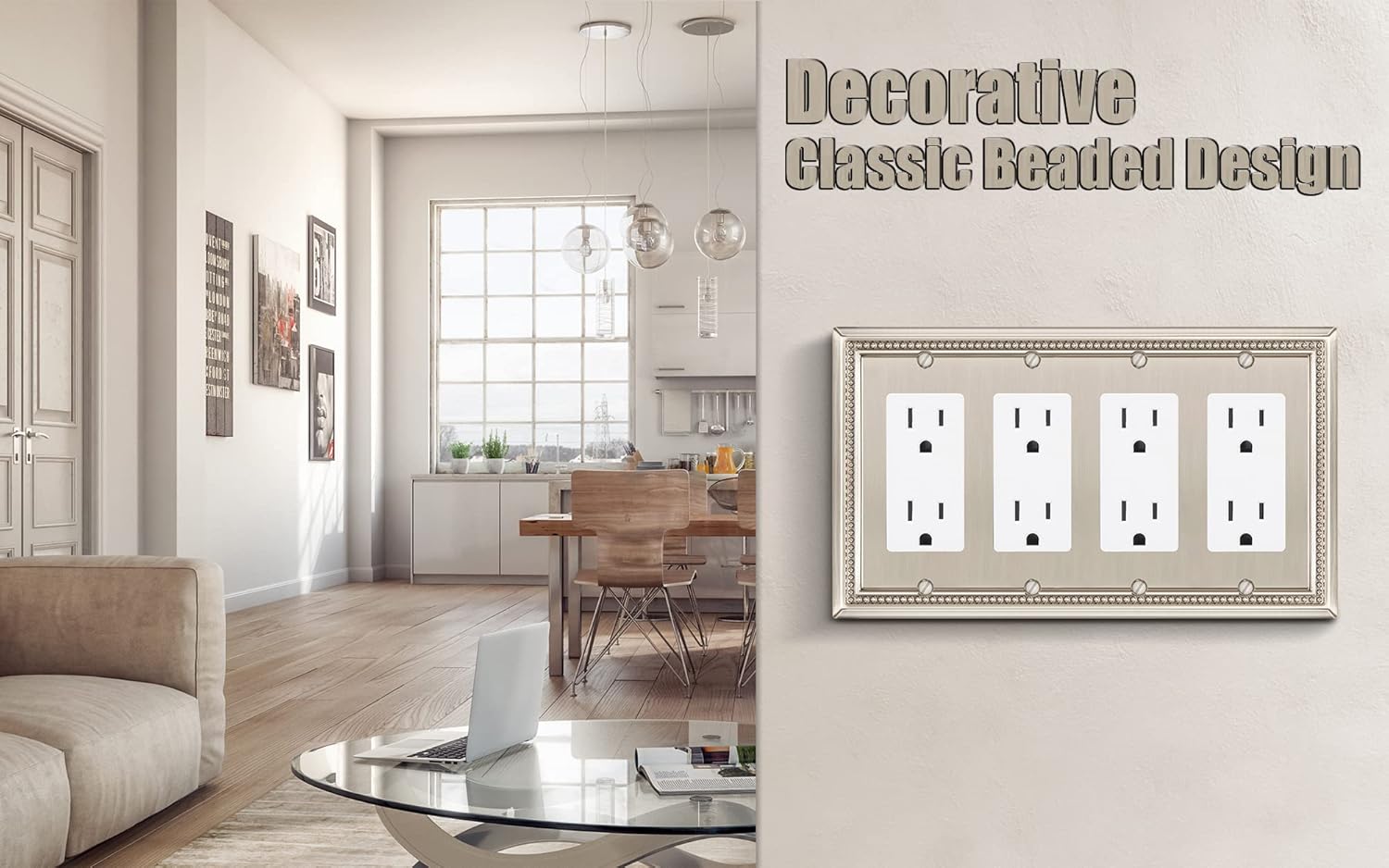 Henne Bery Sunken Pearls Heavy Duty Decorative Wall Plate Switch Plate Outlet Cover (Quad Decorator, Satin Nickel)