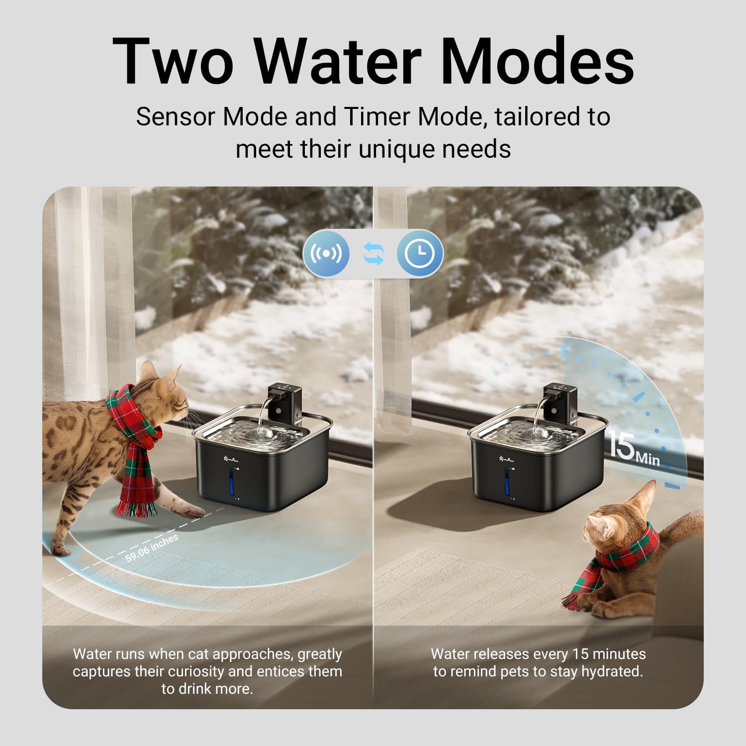 DownyPaws Cat Water Fountain Stainless Steel Wireless, 101 oz/3L FurSink Cordless Water Fountain for Cats, Battery Operated Cat Fountains for Drinking with Motion Sensor, Easy Clean, Black
