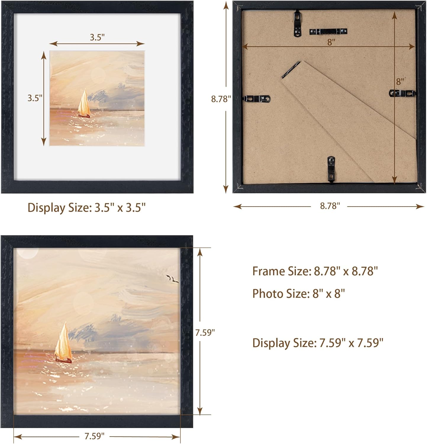 Fun Memories 8x8 Oak Wood Picture Frame in Black, 8"x8" Photo Frame for Wall, Square Frames 8x8 with Stand for Tabletop Display, Real Tempered Glass, 8 x 8 Picture Frames (Black Color, 1 Pack)