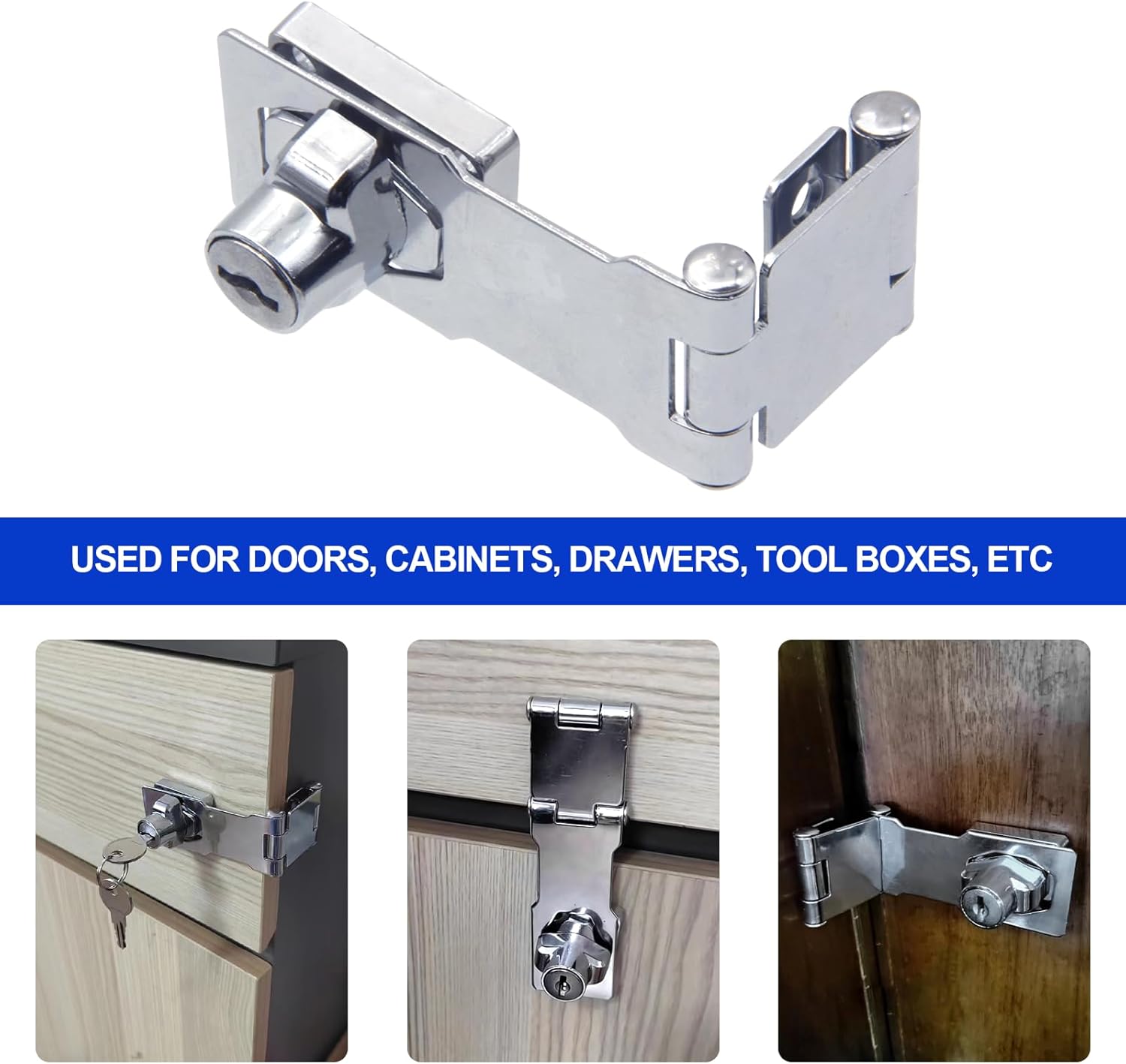2 Pack Door Lock Hasp Latchs, Collapsible Solid 304 Stainless Steel File Cabinet Lock Desk Drawer Lock, for 90 Degree and 180 Degree Drawers, Dabinets, Doors, Flip Barn Door (Individual Key)