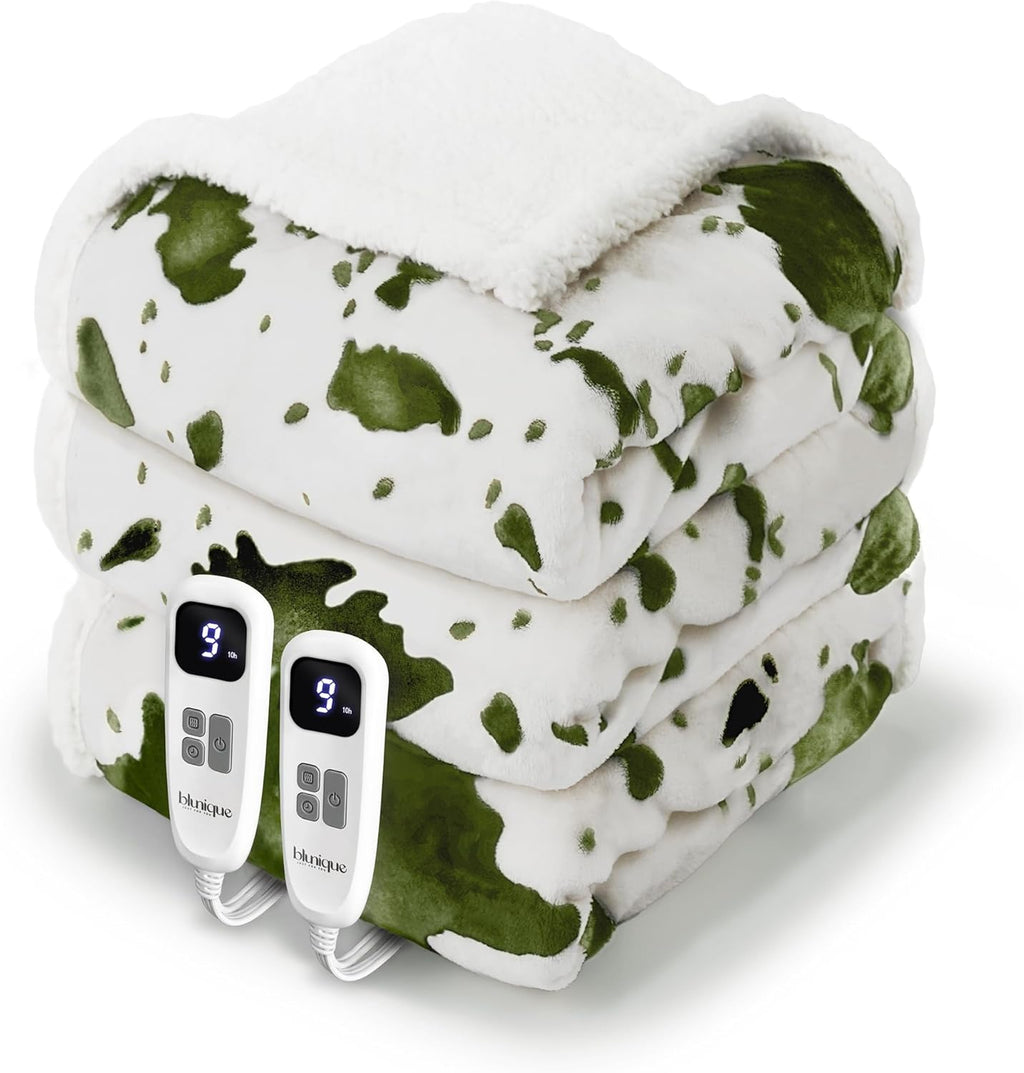 Cow Print Heated Electric Blanket King Size-Dual Control Heating Blanket King Size with 10 Heat Levels & 10 Hours Auto-Off, Cozy Soft Fleece Sherpa, Washable, 90x100 Inche Cow Print Sage