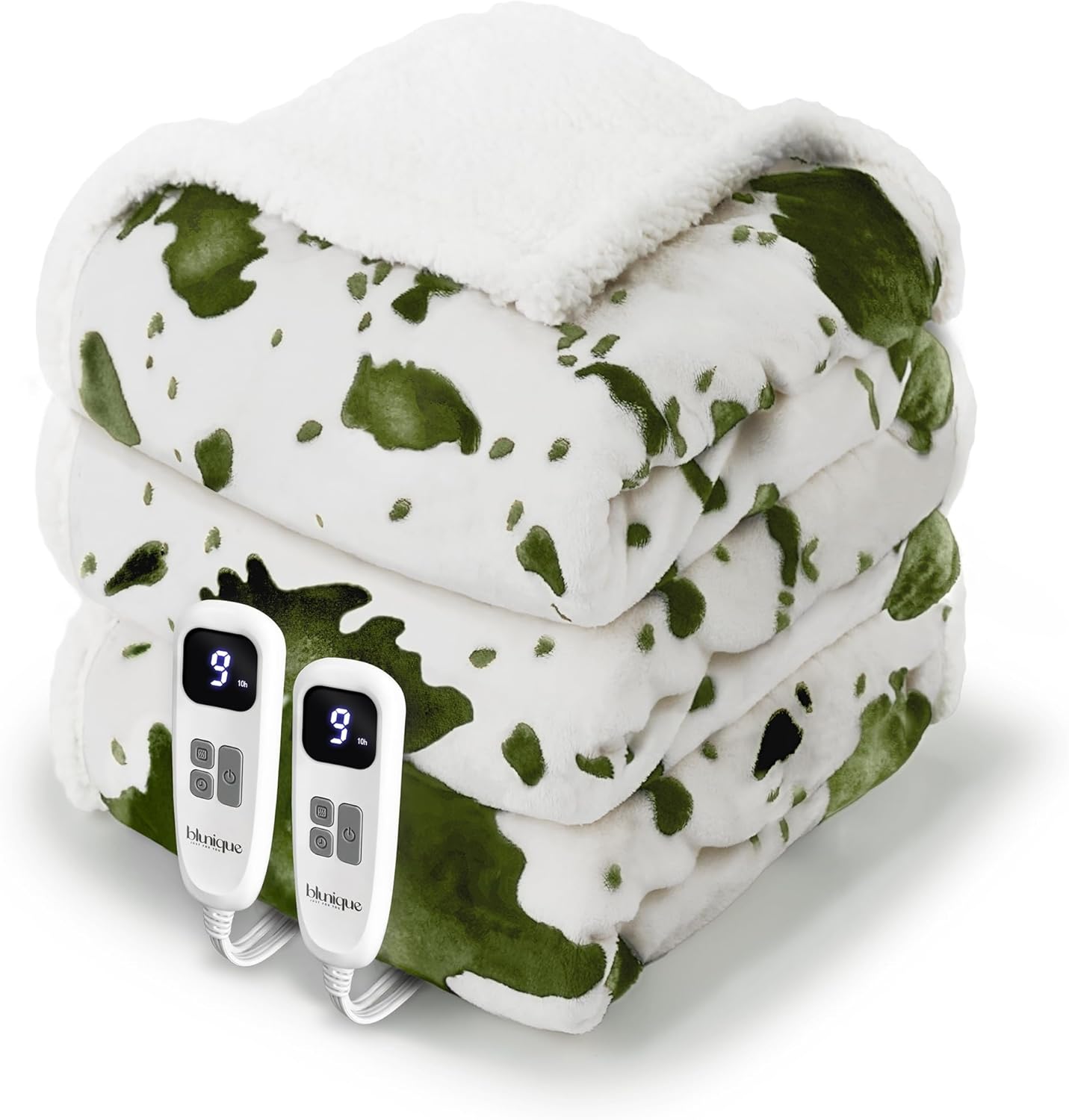 Cow Print Electric Heated Blanket Queen-Dual Control Heating Blanket Queen Size with 10 Heat Levels & 10 Hours Auto-Off, Cozy Soft Fleece Sherpa, Washable, 84x90 Inche Cow Print Sage