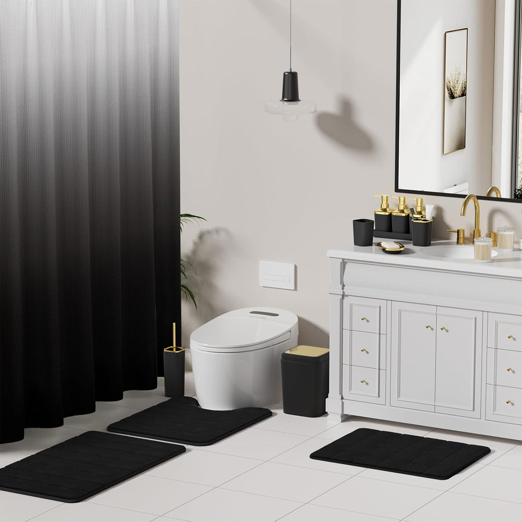 Bathroom Sets with Shower Curtain and Rugs, 27PC Bathroom Accessory Set, Black Bathroom Set, Black and Gold Bathroom Accessories Set with Trash Can, Toilet Brush and Soap Dispensers