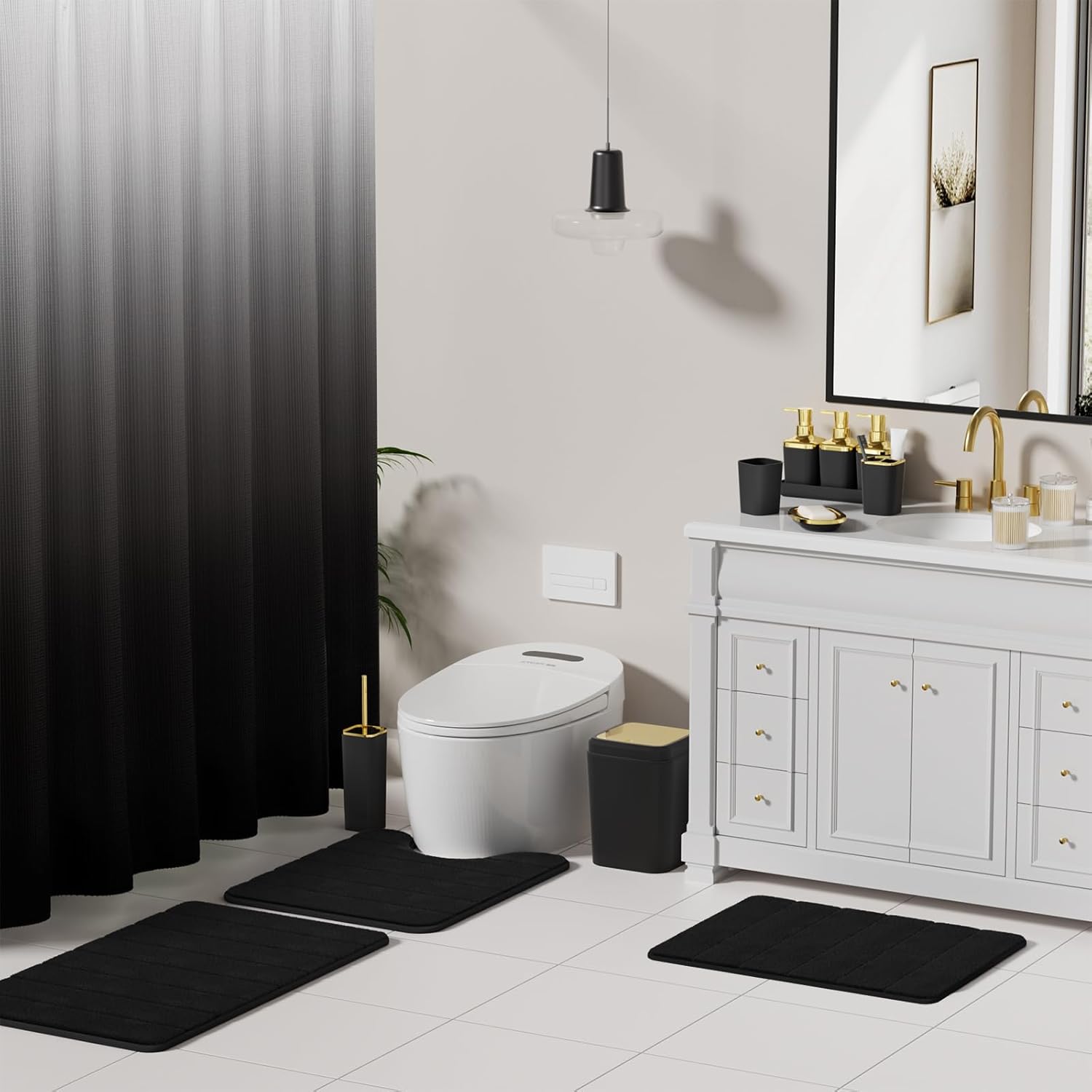 Bathroom Sets with Shower Curtain and Rugs, 27PC Bathroom Accessory Set, Black Bathroom Set, Black and Gold Bathroom Accessories Set with Trash Can, Toilet Brush and Soap Dispensers