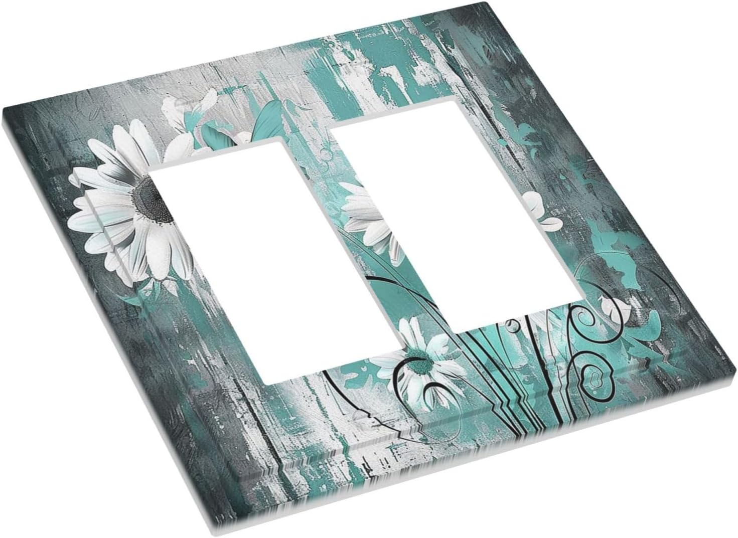 Decorative Outlet Covers Teal Daisy Floral Vintage Wood Plank 2 Gang Double Gfci Rocker Electrical Wall Panels Light Switch Cover Plate For Farmhouse Cabin Decor