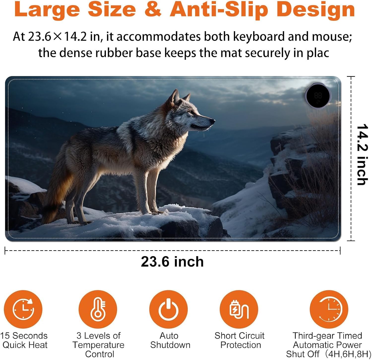 Small Heated Desk Pad 23.6" x 14.2" – Compact Electric Mouse Pad with 3 Heating Levels, Auto Shut-Off, Waterproof PU Surface, Plug-in Warmer for Office or Home Use, Lone Wolf