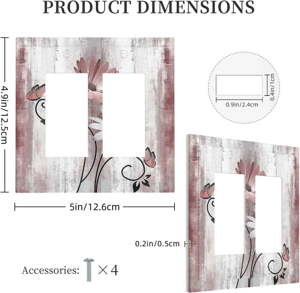 Decorative Outlet Covers Pink White Daisy Butterfly Wood Grain 2 Gang Double GFCI Rocker Electrical Wall Panels Light Switch Cover Plate for Farmhouse Bathroom Decor