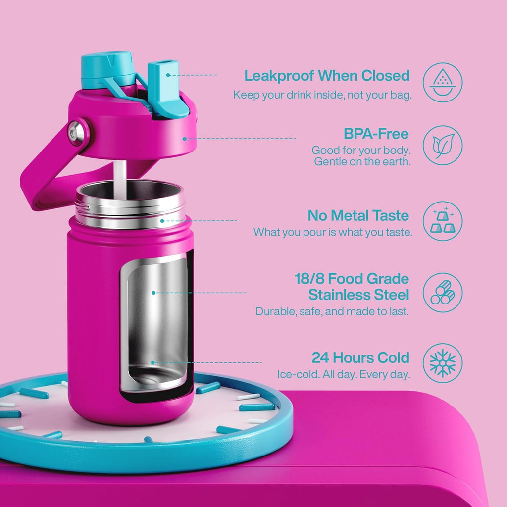 Kids Insualated Water Bottle with Straw - 12oz Stainless Steel Water Bottle with Dual Spouts, Leak-Proof, BPA-Free, Double Wall Vacuum Keeps Cold for 24 Hours for Sports, Travel (Light Crimson)