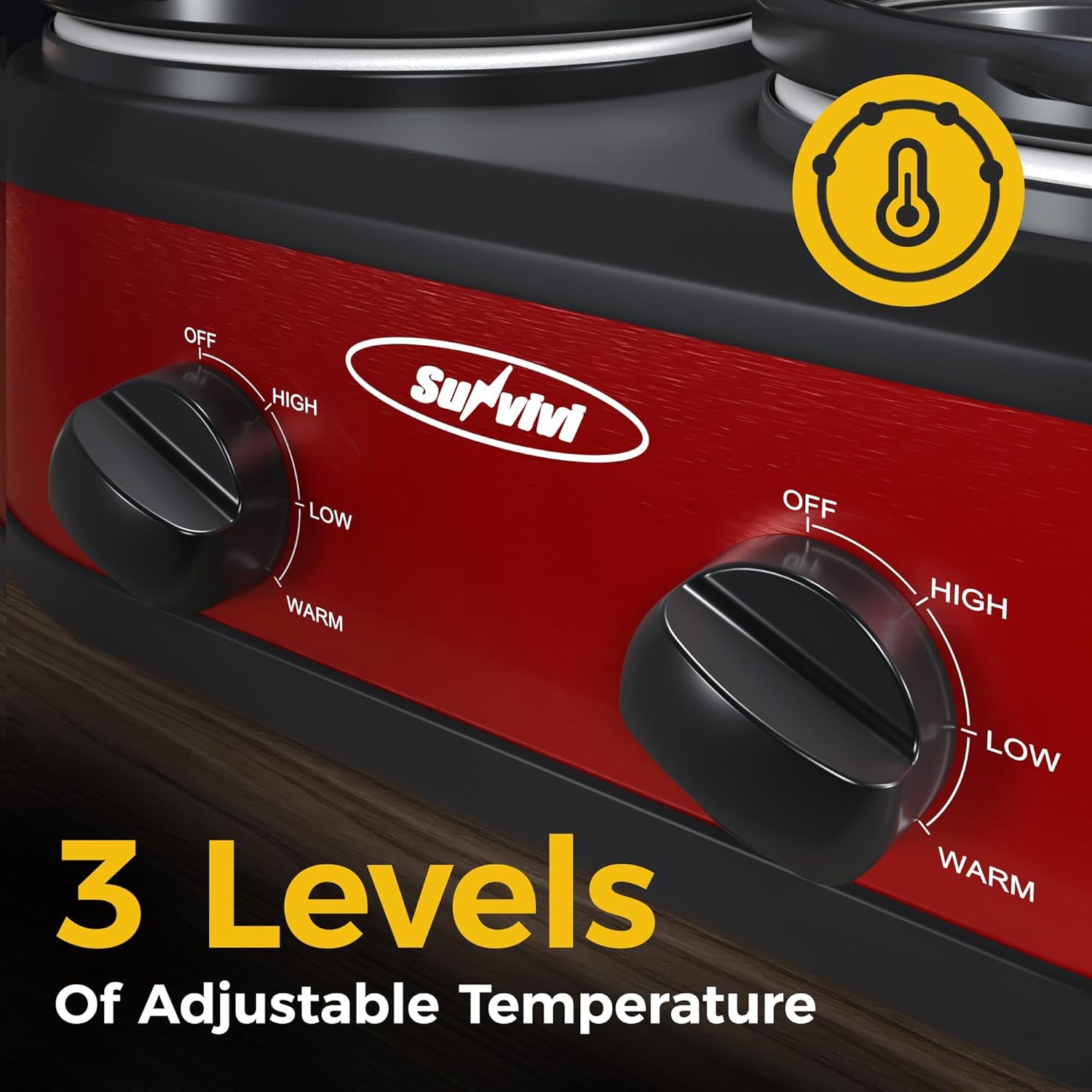 2 * 1.25 Quarts Dual Slow Cooker, Buffet Server & Warmer with 2 Removable Ceramic Pots, 3 Adjustable Temp Settings & 2 Visible Glass Lids, Stainless Steel, Red