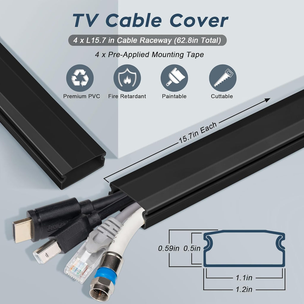 62.8in TV Cable Hider - Cord Hider Cable Management Wall, Cable Raceway Black Wire Hider, Paintable Cable Concealer for Wall Mounted TV, Wall Wire Covers for Cords, 4* L15.7in *W1.2in *H0.59in