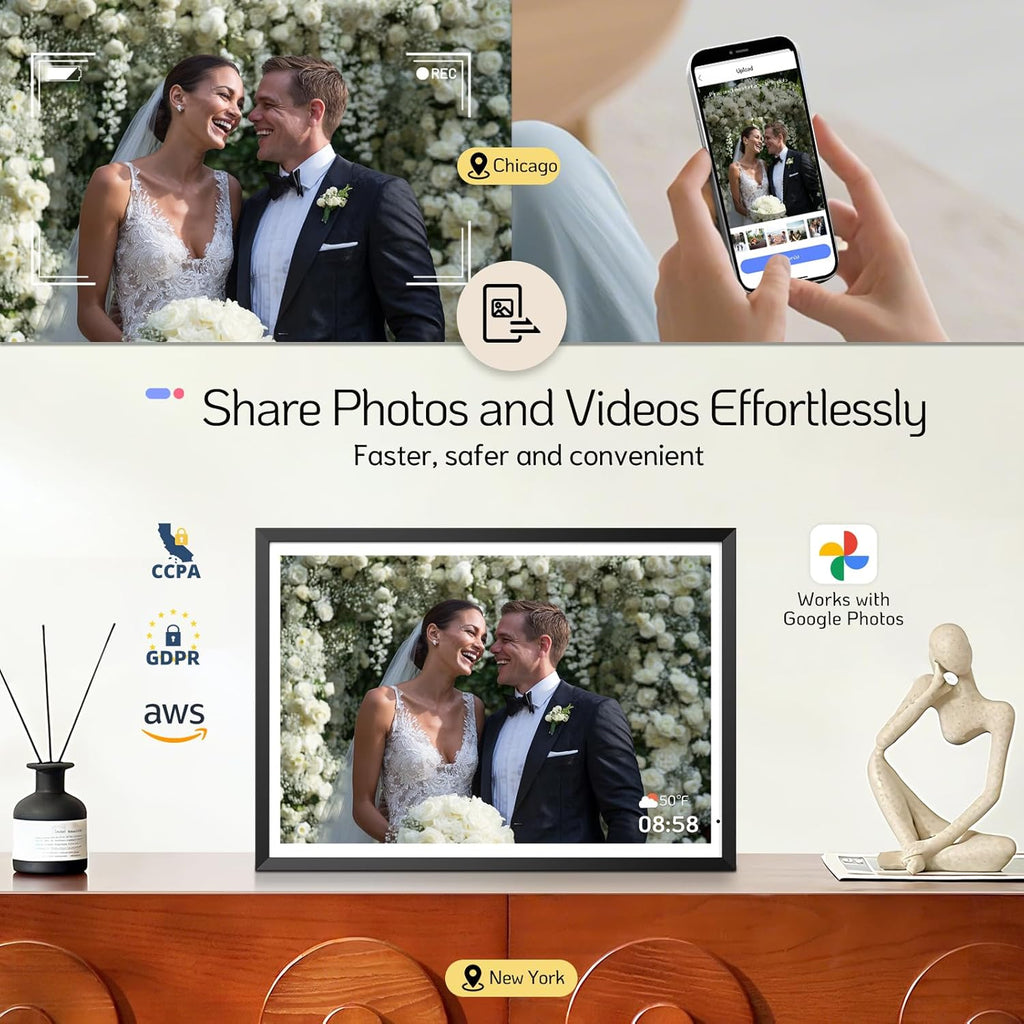 NexFoto 13.5" Digital Picture Frame 64GB, 3K Resolution Touchscreen Electronic Photo Frame, Add Pics from Google Photos, Share Photos/Videos via APP/USB, Unboxing Gift Mode, for Christmas/Mom, Black