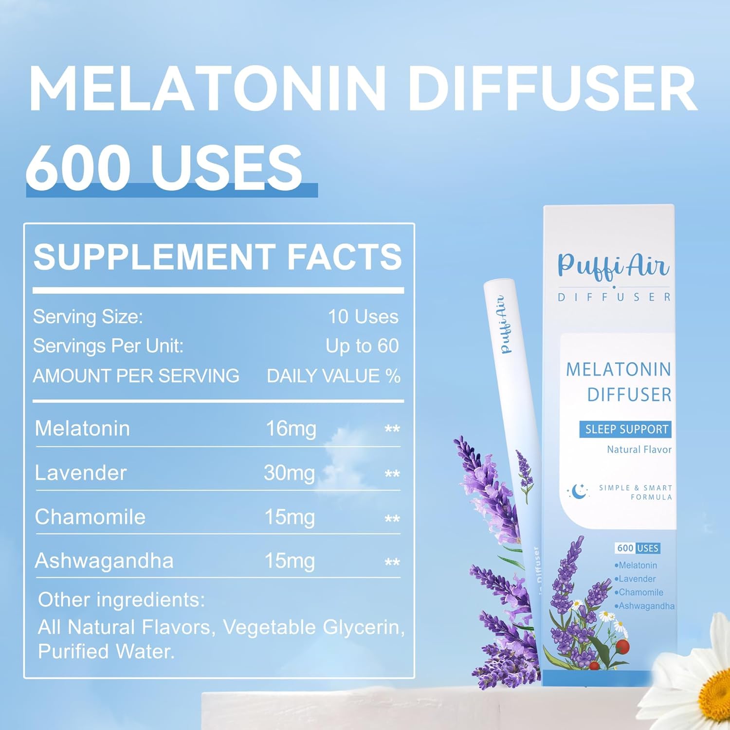 Herbal Anxiety Pen - Melatonin Diffuser with Lavender, Chamomile & Ashwagandha for Sleep Support & Stress Relief - 600 Uses 2 Sticks