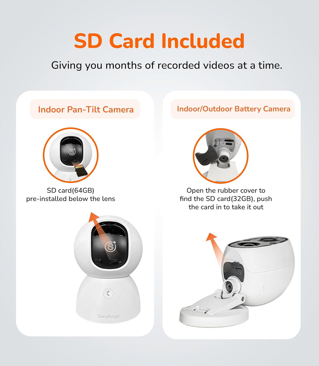 Sensforge 2.5K Indoor & Outdoor Security Camera Bundle, Wired Pan-Tilt + Battery Camera Set, Human/Pet/Vehicle Detection, Dual-Band Wi-Fi (2.4G/5G), Local SD Storage, No Monthly Fees