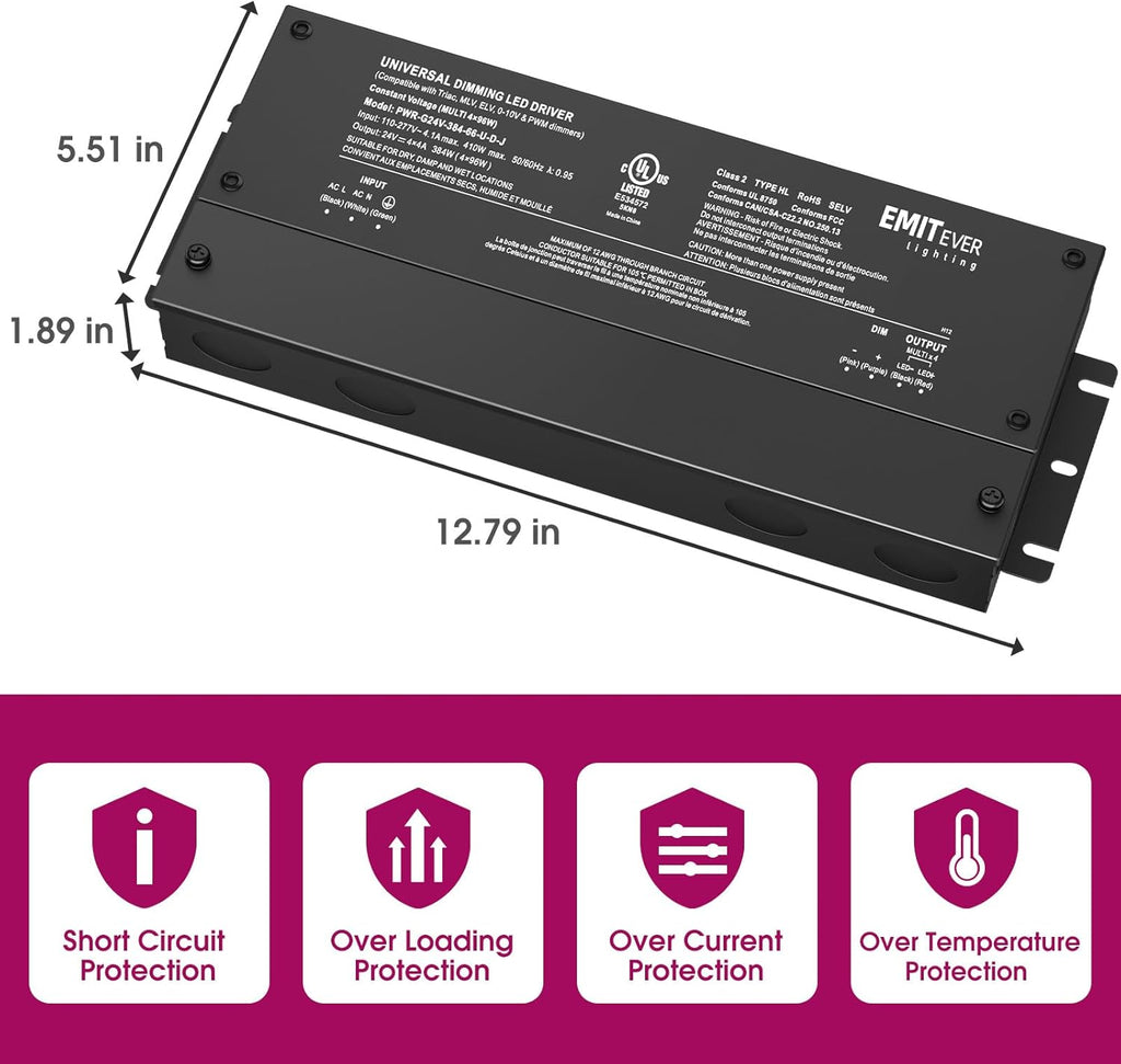 EMITEVER 384W Dimmable LED Driver, 24V 5-in-1 Dimmable Power Supply,4-Channels AC to DC Transformer for LED Light, Compatible with Lutron and Leviton Dimmer, Waterproof IP67 and UL Listed, Class 2