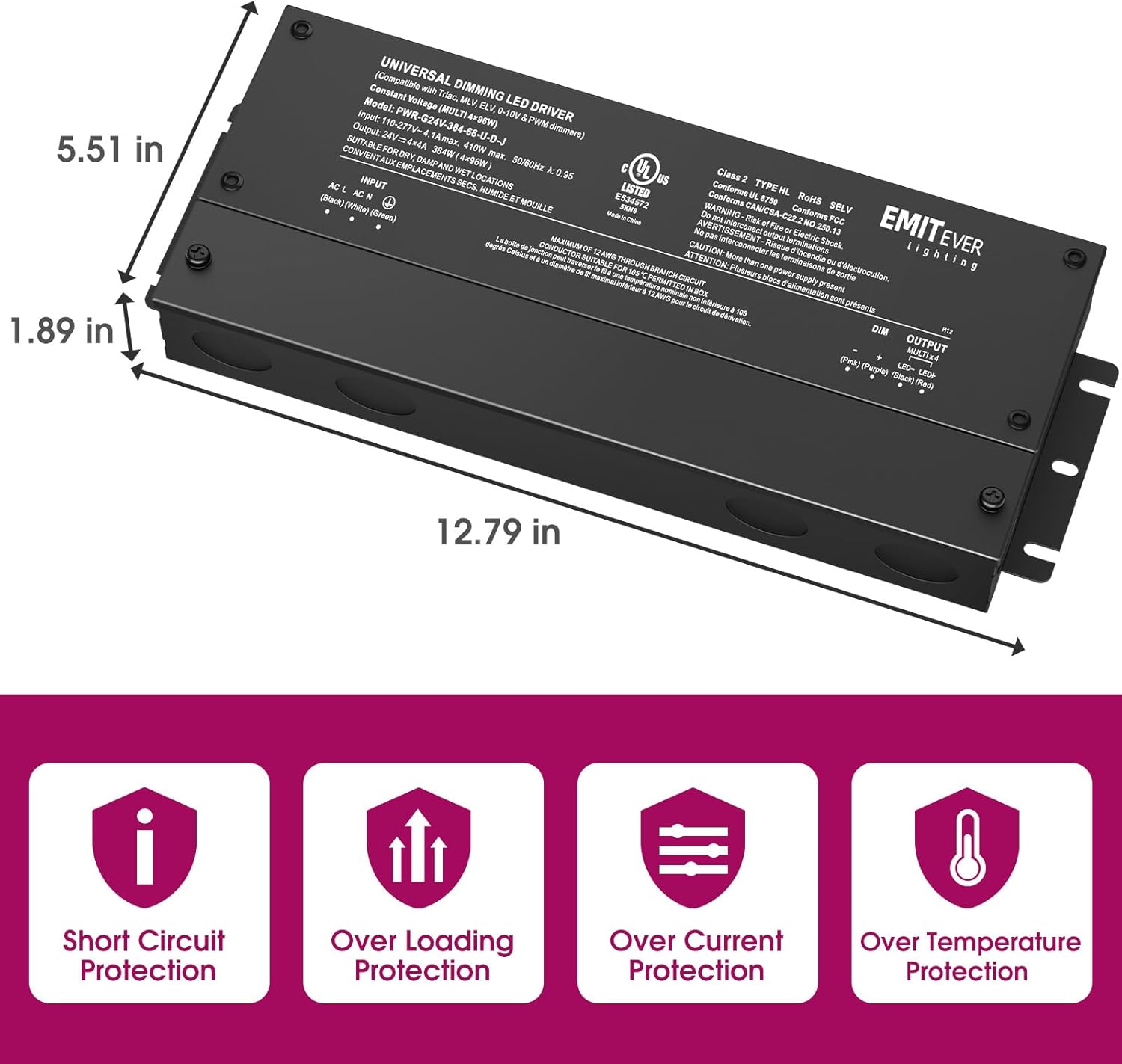 EMITEVER 384W Dimmable LED Driver, 24V 5-in-1 Dimmable Power Supply,4-Channels AC to DC Transformer for LED Light, Compatible with Lutron and Leviton Dimmer, Waterproof IP67 and UL Listed, Class 2