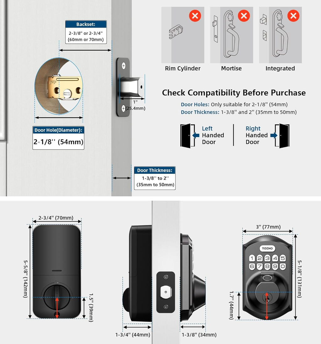 TEEHO TE002 Fingerprint Door Lock - Keyless Entry Door Lock - Electronic Keypad Deadbolt - Smart Locks for Front Door - Auto Lock - Easy Installation - Matte Black