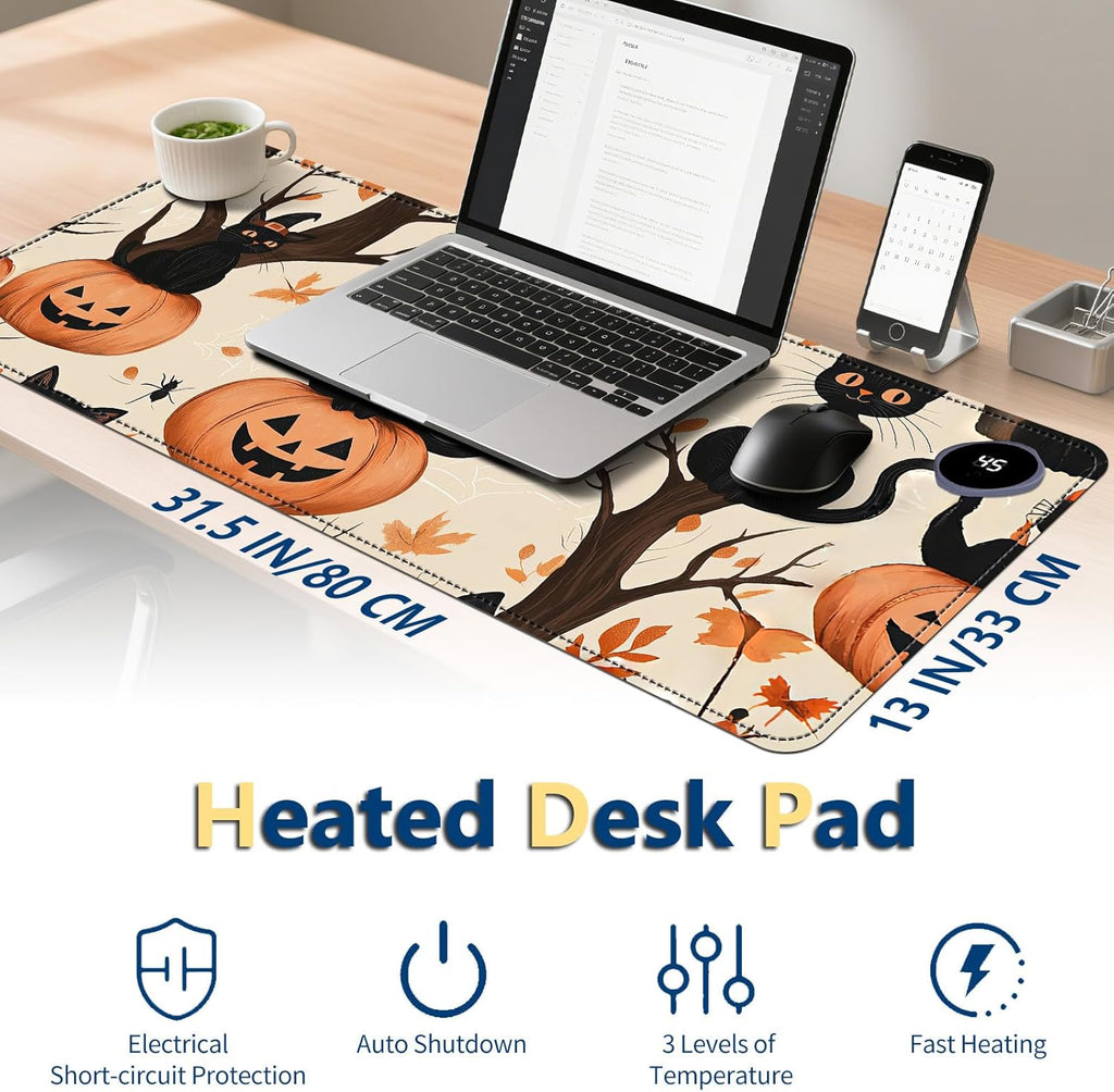 Heated Mouse Pad with 3 Temperature Settings(104°F–122°F),Large 31.5x13 Inch PU Leather Heated Desk Mat,Waterproof Warming Pad for Office,Gaming & Cold Hands Relief,Black Cats Pumpkins